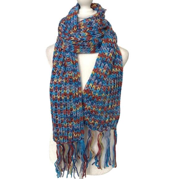 RIKKA NWT Blue Yellow Red Multi Color Crochet Fringe Winter Scarf - Picture 1 of 7